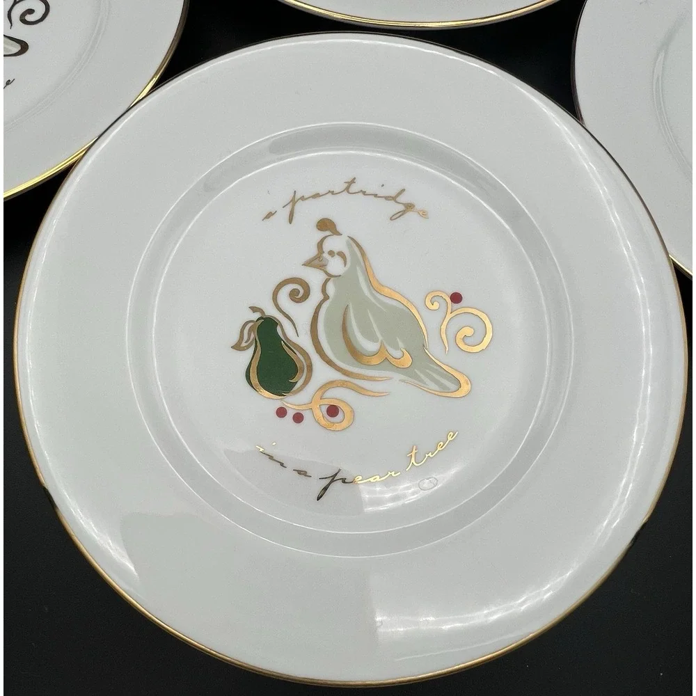 6 Pier 1 12 Days of Christmas Porcelain 7.75 in Snack Dessert Plates Partridge